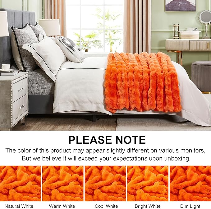 DREAMNINE Large Fuzzy Soft Fall Bubble Faux Rabbit Fur Blanket Full Size 70" x 80", Luxury Big Autumn Plush Fluffy Blankets for Bed, Cute Lovely Cozy Thick Warm Furry Blanket for Winter,Pumpkin Orange
