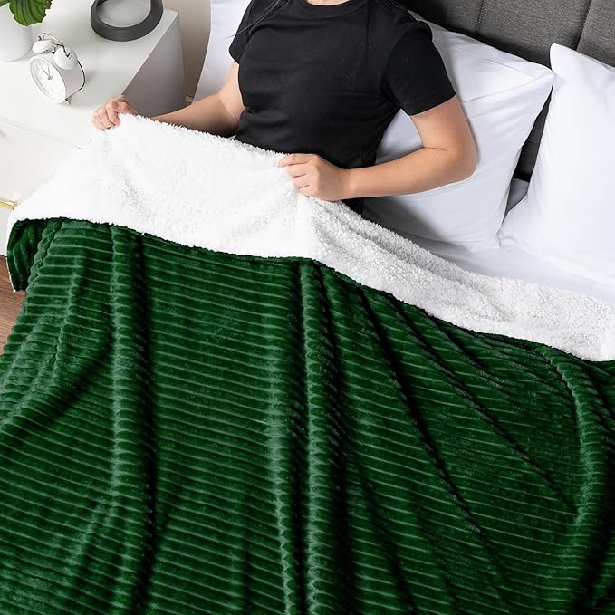 PAVILIA Emerald Green Sherpa Fleece Throw Blanket for Couch, Soft Plush Fuzzy Blankets, Fluffy Flannel Sherpa Blanket for Sofa, Warm 3D Ribbed Winter Blanket Gift, 50x60 inches