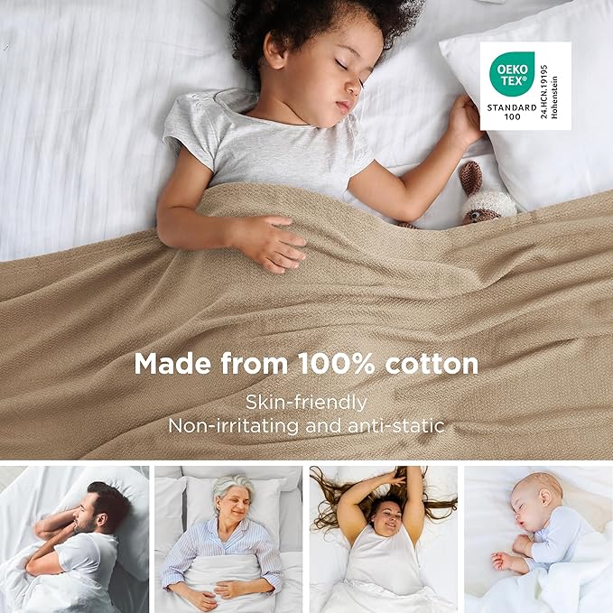 Bedsure GentleSoft 100% Cotton Blanket Twin XL Size for Bed - Breathable and Lightweight, Soft Cozy Textured Herringbone Woven Summer Blanket for College Dorm, Light Brown, 66x90 inches