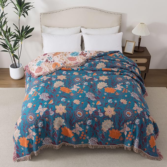 Boho Throw Blanket Queen Size, Soft Cozy Cotton Muslin Quilt Blanket for Bed Decor, Floral Patterned Couch Sofa Chair Cover, Vintage Farmhouse Cottage Tapestry Woven Blanket, Coral&Green