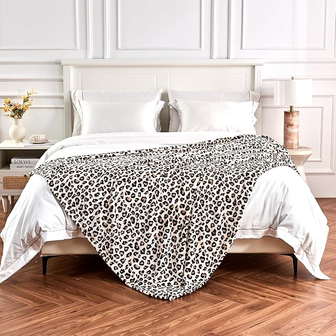 Leopard Print Blanket Fleece Throw for Bed Sofa Travel and Camping, Super Soft Cozy Fluffy Plush Cheetah Print Blanket for All Seasons 60"x80" (Cream)