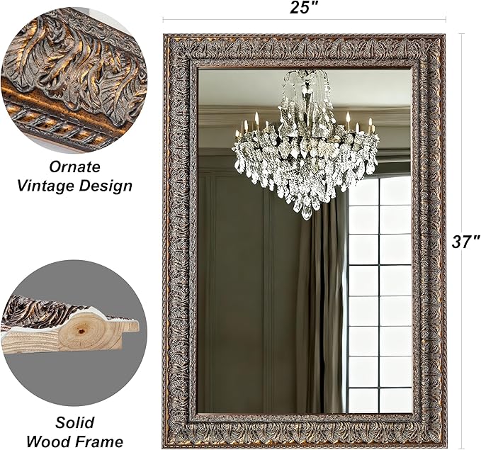 Chende Vintage Mirror for Wall Decor, 37" L x 25" W Bronze Bathroom Mirror with Carved Wood Frame and Hand-Applied Clay-Like Texture, Horizontal/Vertical Hanging, Living Room, Entryway, Home Decor