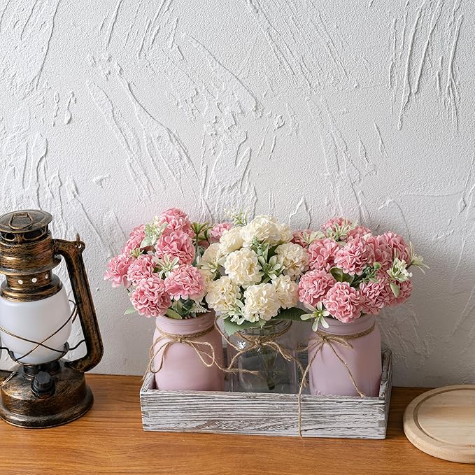 LUEUR 3PCS Artificial Hydrangea Flowers in Mason Jars with Wood Tray for Dining Table Coffee Table Farmhouse Home Decor Centerpieces Spring Decor Perfect for Kitchen, Living Room, Bathroom