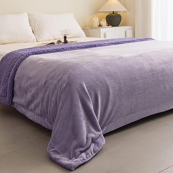K.Garden Sherpa Throw Blanket for Couch Sofa, Super Soft Cozy Fuzzy Plush Blankets Fleece Thick Warm Blanket for Winter Reversible Thick Warm Blanket for Bed, Sofa, Purple Solid 50 * 60inch