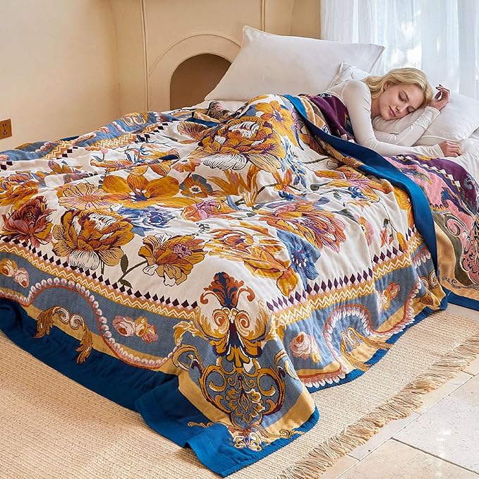 Boho Throw Blanket - 50"x60" 100% Cotton Ultra Soft Lightweight Spring Blanket, 4-Layer Breathable Muslin Blankets for Bed Couch, Reversible Yellow Floral Printed Bohemian Cotton Quilt