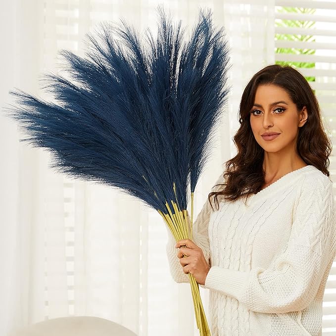 Blue Pampas Grass, 9 PCS 37''/3.1FT Tall Fluffy Fake Pompas Floral, Large Faux Pompous Grass Branches for Floor Vase Fillers, Boho Farmhouse Room Wedding Decor (Blue)