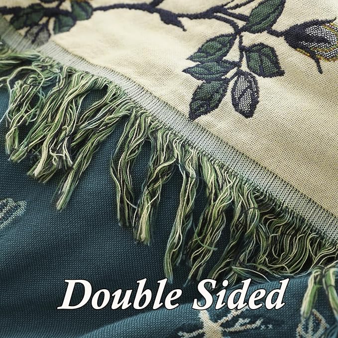 Snycler Boho Throw Blanket for Bed - 100% Cotton Ultra Soft Rustic Quilt Blanket Green Floral Bird Printed Farmhouse Decor Bed Blankets, 80"×90" All Season Rustic Throw for Sofa Chair Couch