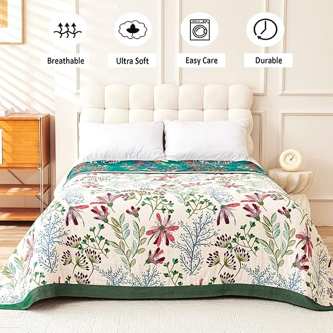 Boho Throw Blanket, 100% Organic Cotton Breathable Ultra Soft 91" x 98" Bed Quilt Throw - All Season Floral Rustic Farmhouse Decor Luxury Reversible Blanket for Sofa Couch Chair and Gift