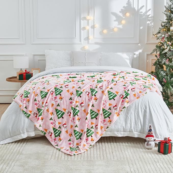 Christmas Blanket Soft Cozy Pink Christmas Throw Blankets with Holiday Themed Print for Couch Bed Home Decor, Fuzzy Warm Winter 50"x60" (Pink)
