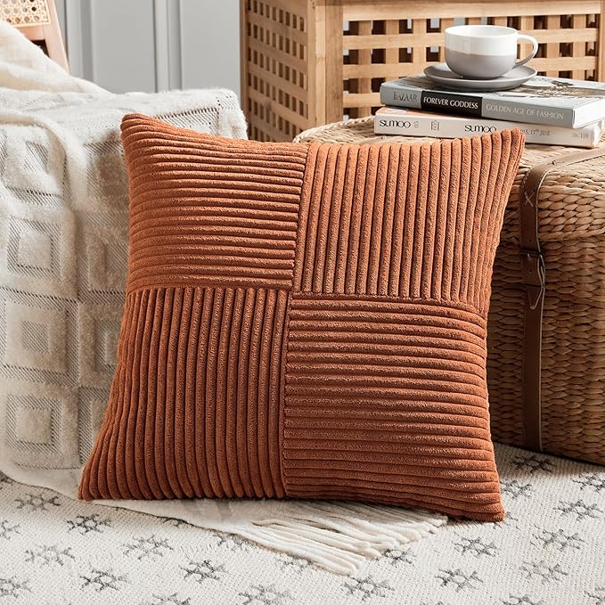 Fancy Homi 4 Packs Rust Decorative Throw Pillow Covers 20x20 Inch for Living Room Couch, Rustic Farmhouse Boho Home Decor, Soft Cross Corduroy Patchwork Accent Terracotta Square Cushion Case 50x50 cm
