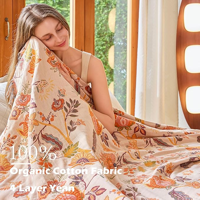 Boho Throw Blanket for Bed Couch 50" x 60", 100% Organic Cotton Skin-Friendly Ultra Soft Quilt Throw - Floral Rustic Living Room Decor Luxury Reversible Blanket for Sofa Chair and Gift