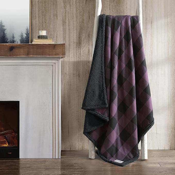 Eddie Bauer - Throw Blanket, Brushed Fleece & Plush Sherpa Soft Blanket, Throw Blanket for Couch & Bed (Cabin Plaid Purple, 50" x 60")