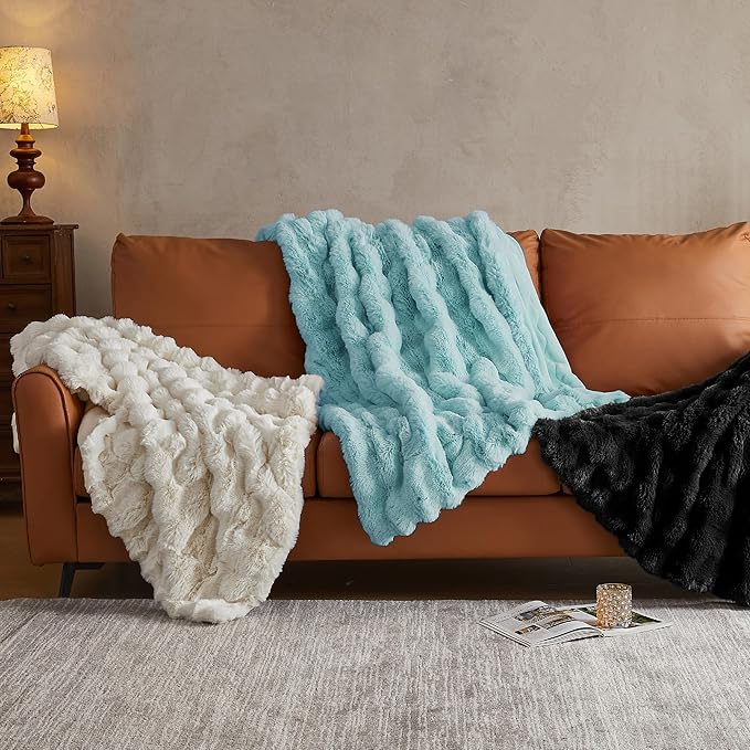 JELLYMONI Faux Fur Throw Blanket, Black Throw Blanket for Couch, Fuzzy Cozy Plush Bubble Bed Blanket, Thick and Warm Blanket, Twin (60" x 80")
