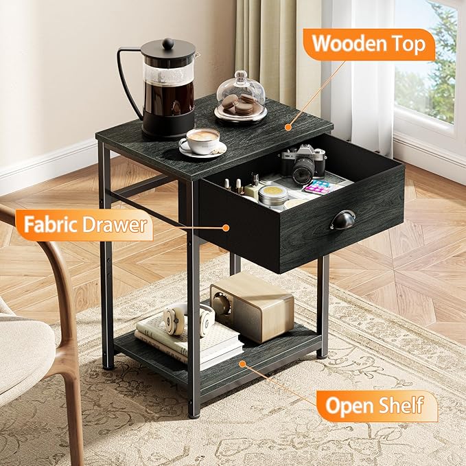 Furologee Nightstands Set of 2, Industrial End Table with Fabric Drawer&Storage Shelf, Small Bedside Table Organizer for Small Space for Living Room, Tall 23.6" Night Stand for Bedroom, Black Oak