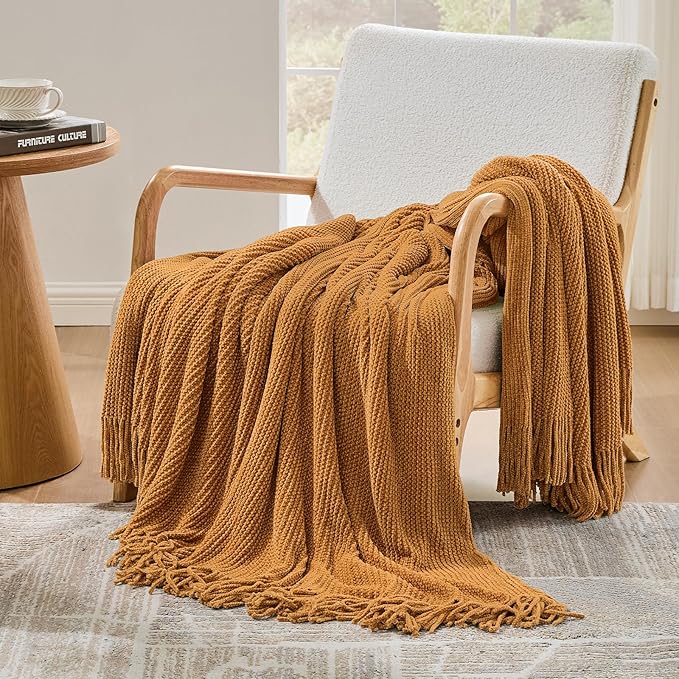 inhand Brown Throw Blanket for Couch Bed,Fall Home Decorative Soft Chunky Chenille Woven Blankets with Tassels,Lightweight Cozy Boho Farmhouse Warm Winter Gifts for Women,60"x80",Medium Thick