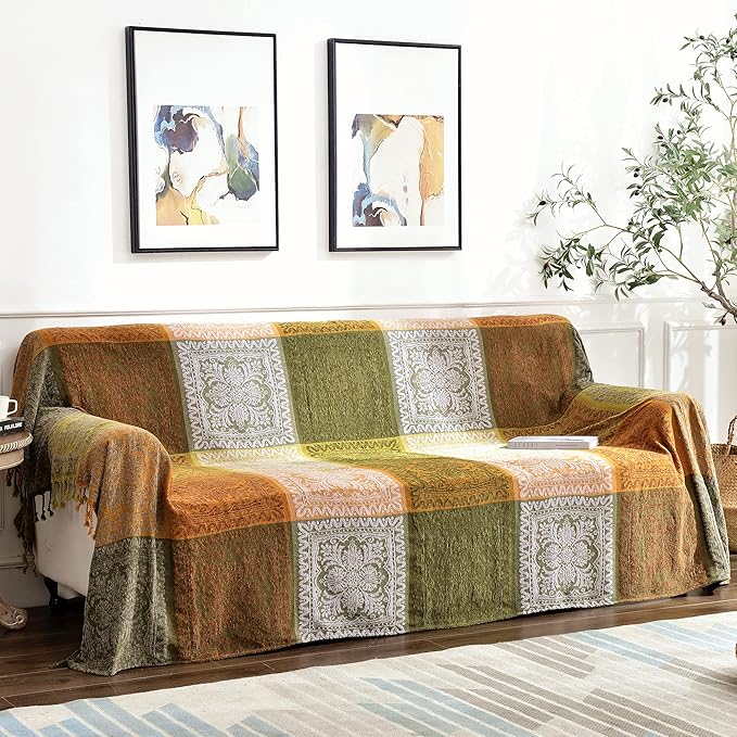 Boho Throw Blanket, Bohemian Tassels Throw Blankets for Bed Couch Soft Chair， Chenille Fringe Tassels (New Green, Large 86 * 102Inches)