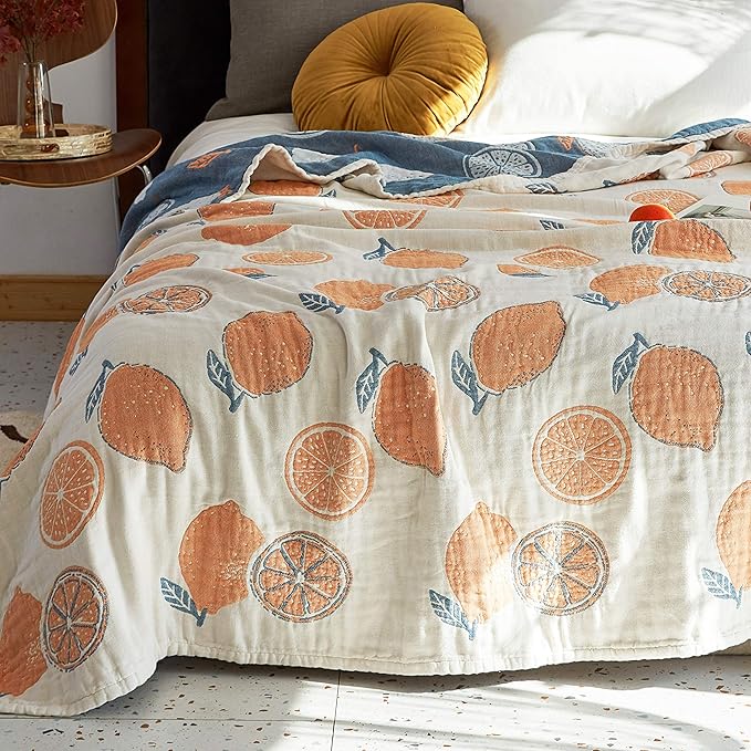 Scientific Sleep Lemon 100% Cotton Muslin Blanket Throw Cover for Bed Couch Sofa Cozy Soft Reversible Bedding Blanket Quilt Bedspread Coverlet Twin 60 in x 80 in