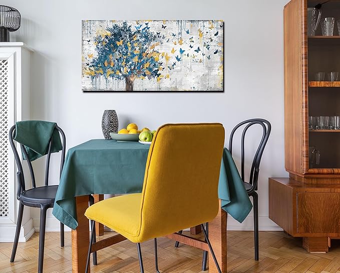 Kepgonegu Large Canvas Wall Art Blue Tree Golden Butterflies Picture Abstract Grey Graffiti Canvas Prints Ready to Hang for Living Room Bedroom Size 24x48
