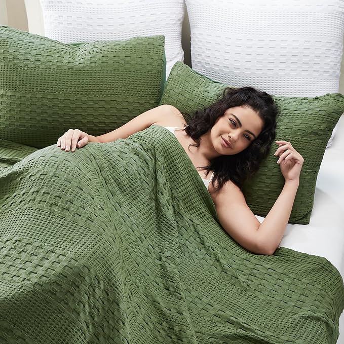 VHC Brands 100% Cotton Waffle Weave Twin Blanket 66"x90", Decorative Lightweight Spring and Summer Throw Blanket, Bedroom Decor for Bed, Couch, or Sofa, Olive Green