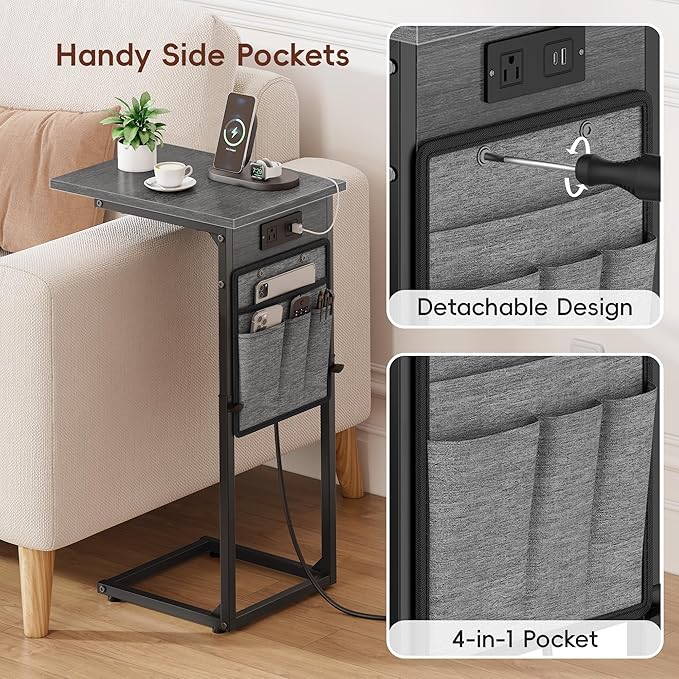 Vagusicc C Shaped End Table with Charging Station, C Table End Table Adjustable Height, Small Side Table for Couch, Sofa Table Slide Under Couch TV Tray Arm Table for Living Room, Bedroom, Gray Walnut