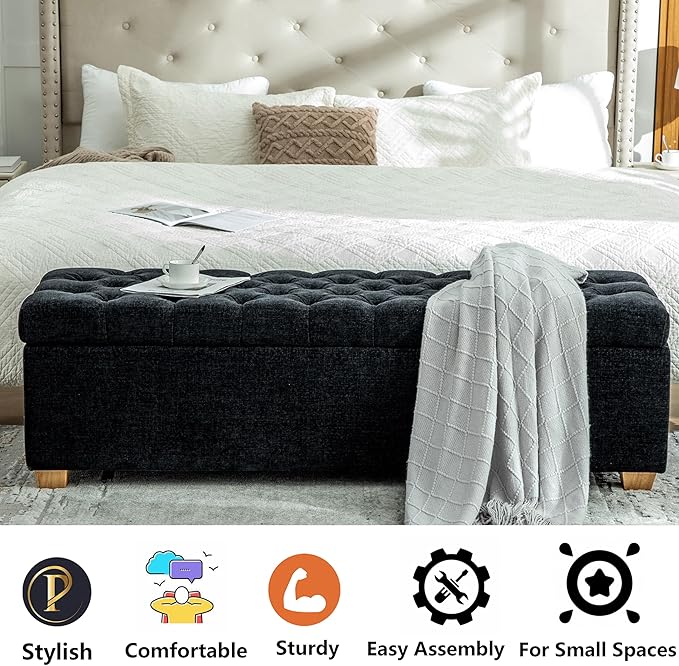 60.2" Storage Ottoman Bench for Bedroom Bed End,Chenille Bench with Seating,Button Tufted Ottomans with Storage for Living Room,Bedside,Entryway (Chenille Black, 60.2")