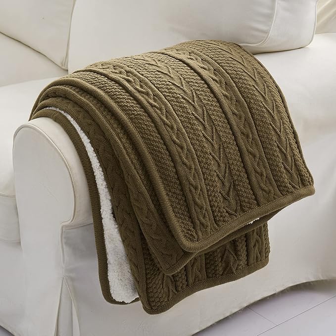 Longhui bedding Dark Brown Acrylic Cable Knit Sherpa Throw Blanket - Thick, Soft, Big, Cozy Dark Brown Knitted Fleece Blankets for Couch, Sofa, Bed - 50 x 63 Inches