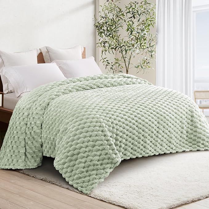 Whale Flotilla Queen Size Blanket for Bed with Jacquard Pattern, Fuzzy Soft Cozy Exquisite Blankets for All Season, Warm and Fluffy, 90x90 Inch, Sage Green