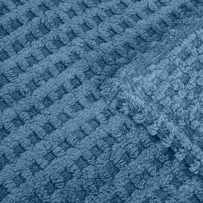 Soft Cozy Fuzzy Fleece Queen Size Blanket, Waffle Slate Blue, 90x90 Inches – Lightweight, Fluffy, and Warm 3D Jacquard All-Season Blanket for Bed, Couch, Sofa, Camping, and Travel