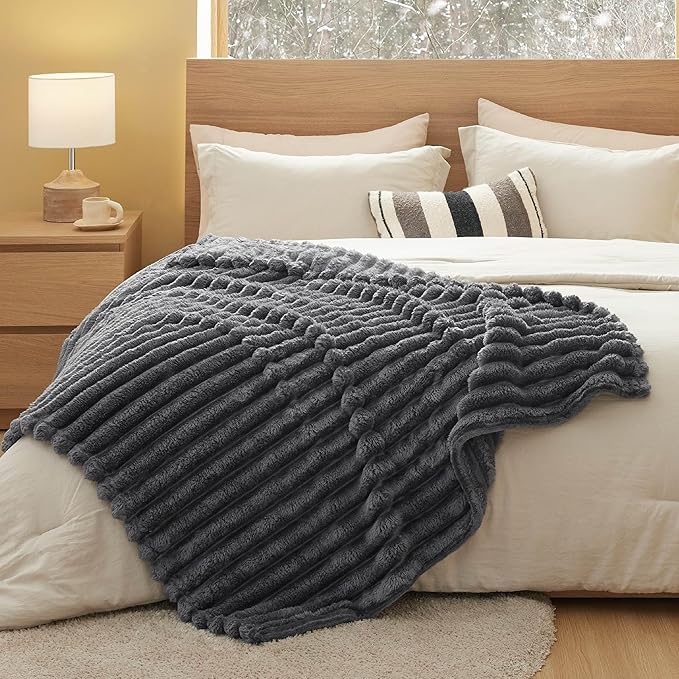 Bedsure Throw Blanket for Couch - 350GSM Super GentleSoft Fuzzy Fluffy Cozy Fleece Blankets for Women, Cute Small Plush Throws for Girls, Grey, 50x60 Inches, Wider Striped Design