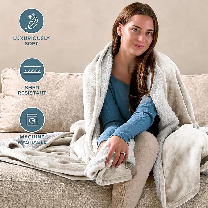 Bare Home Sherpa Fleece Blanket - Full/Queen Size - Blanket for Bed, Sofa, and Couch - Warm & Lightweight - Fluffy & Soft - Reversible (Full/Queen, Cream)