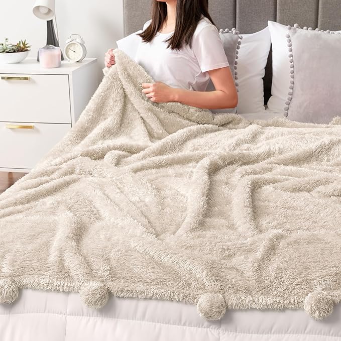 PAVILIA Cream Sherpa Throw Blanket for Couch, Warm Plush Pom Pom Blanket Throw Twin, Ivory Fuzzy Sofa Blanket Throw for Bed, Lightweight Soft Cozy Fluffy Blanket with Pom Poms, Beige, 60x80