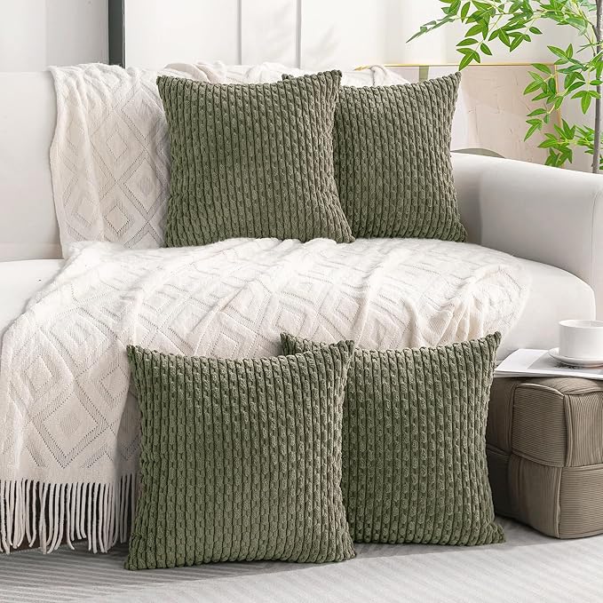 Set of 4 Olive Green Decorative Throw Pillow Covers 24x24 Inch Corduroy Pillow Covers for Bed Couch Sofa Living Room Soft Square Cushion Cases