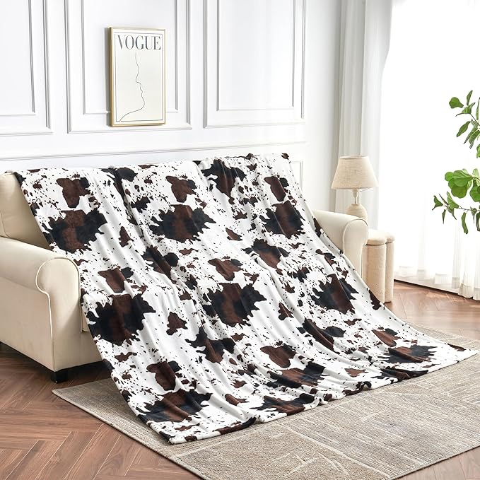 Queen Size Cow Blanket for Couch Bed, Soft Cozy Fleece Cow Printed Blanket for All Seasons 90"x90" (Dark Brown)