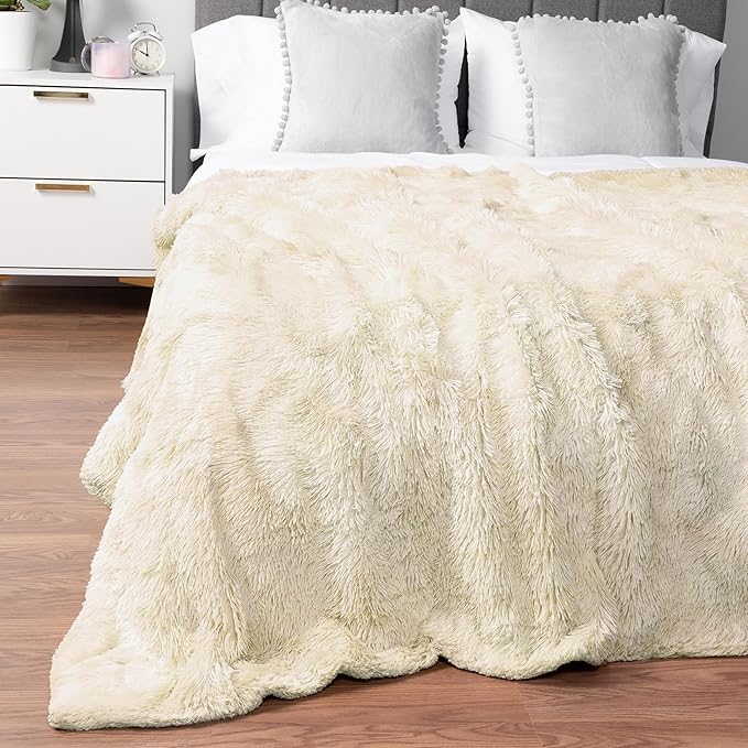 Pavilia Cream Beige Fluffy Throw Blanket for Couch, Fuzzy & Warm, Super Soft Thick Faux Fur Sherpa, 50x60