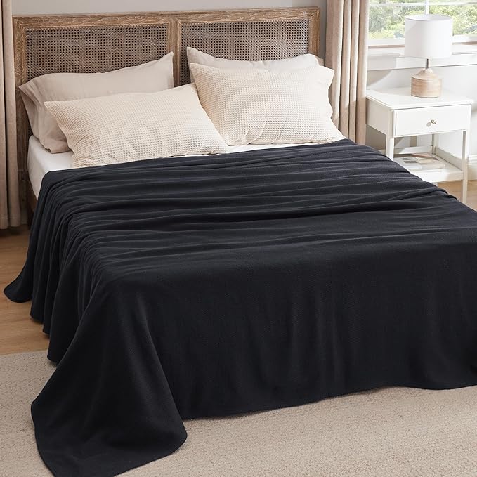 Bedsure GentleSoft 100% Cotton Blanket Queen Size for Bed - Breathable and Lightweight, Soft Cozy Textured Herringbone Woven Blanket for Summer Spring, Black, 90x90 inches
