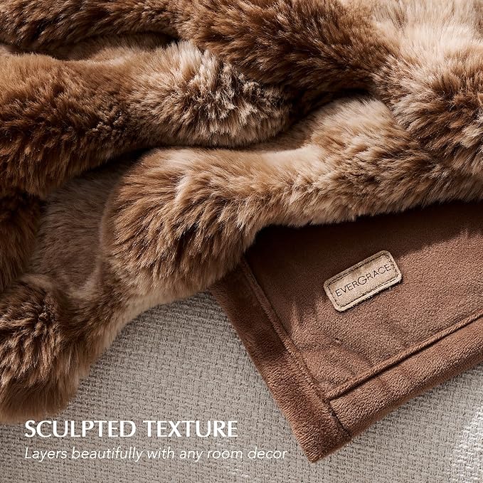 EverGrace Ultra Soft Luxury Fluffy Faux Rabbit Fur Throw Blanket, Thick Warm Bubble Throw for Bed, Cozy Plush Reversible Blankets for Couch, Chair, Sofa, Lion Caramel, 50x60 Inches
