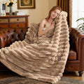 Faux Fur Throw Blanket for Couch, 850GSM Cozy Soft Plush Thick Striped Luxury Blanket for Sofa Living Room Bedroom,50 * 60 Inches, Coffee