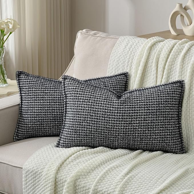 FUTEI Black Decorative Throw Pillow Covers 12x20 Inch Set of 2,Soft Houndstooth Gingham Textured Lumbar Pillow Cases,Modern Home Decor for Couch Bed Living Room