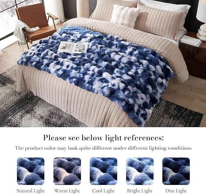 Amélie Home Faux Fur Throw Blanket, Ultra Soft Fuzzy Plush Bubble Blanket for Couch, Bed & Living Room, 60"x80", Tie-dye Blue