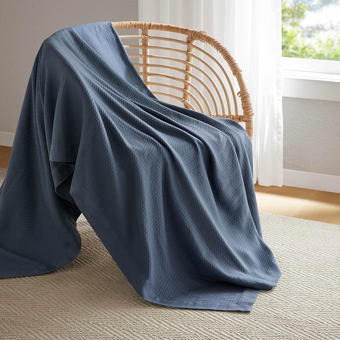 Madison Park 100% Egyptian Cotton Lightweight Summer Blanket, Breathable Waffle Knit Design, Soft Cozy All-Season Throw for Bed, Couch or Sofa, Blue Twin Size (66"x90")