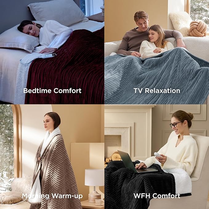 Bedsure GentleSoft Electric Blanket Queen Size - Soft Ribbed Flannel Heated Blanket with Dual Control, Heating with 10 Heat Settings & 10 Time Settings, 8 hrs Timer Auto Shut Off (84x90 inches, Brown)