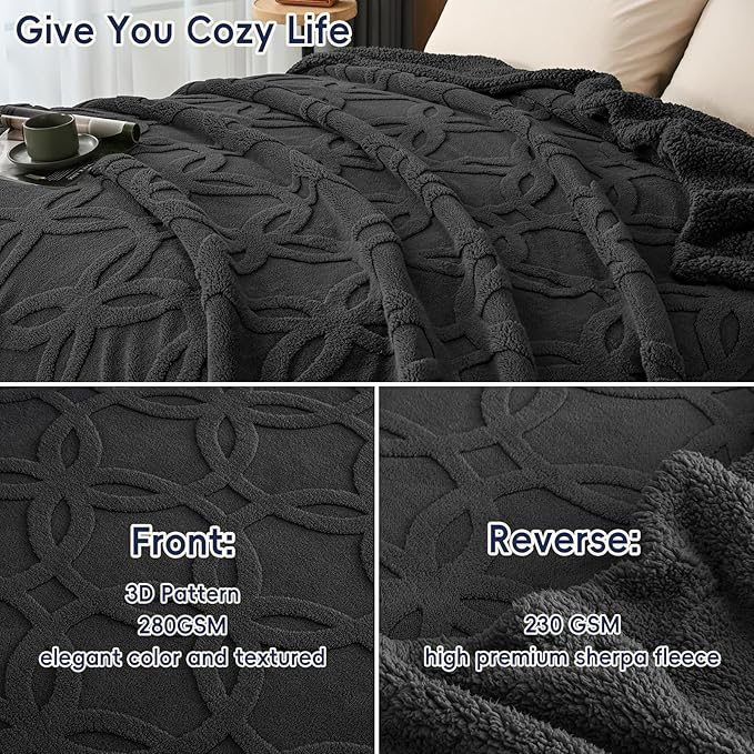 PHF Soft Sherpa Fleece Blanket King Size for Bed, 510GSM Fleece Lightweight Yet Warm Blanket, No Shed No Pilling, 108" x 90", Tufted Jacquard Cozy Thick Bed Throw for Home Decor Christmas, Dark Grey
