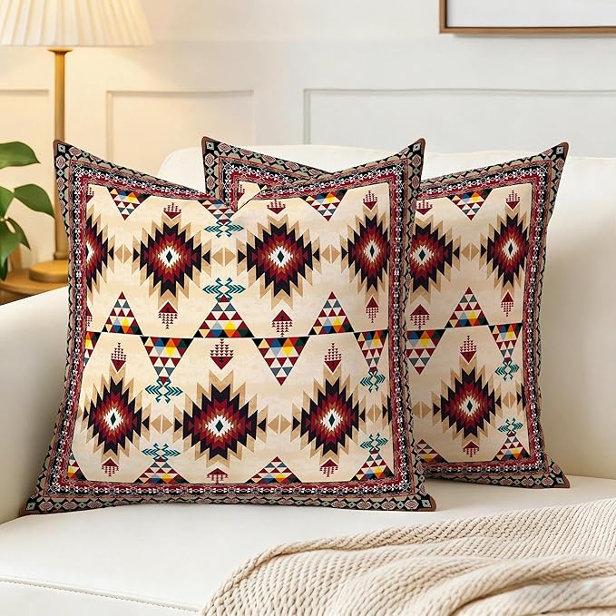Native American Navajo Geometric Throw Pillows Covers 2 Pack 18" x 18", Polyester Double-Sided Southwestern Aztec Tribal Cushion Cases, Rustic Southwestern Home Decor for Sofa Living Room Cabin Decor