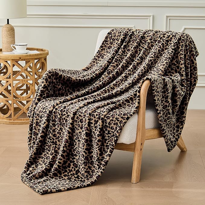 Leopard Print Blanket Fleece Throw for Bed Sofa Travel and Camping, Super Soft Cozy Fluffy Plush Cheetah Print Blanket for All Seasons 60"x80" (Mocha Brown)