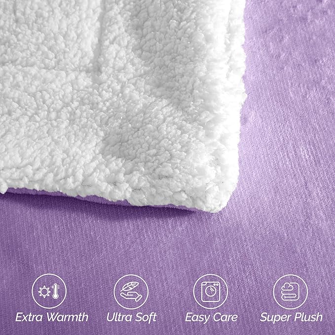 Elegant Comfort Ultra Soft Reversible Flannel Sherpa Blanket - Cozy Silky Fleece Throw for Couch, Bed - Plush Fuzzy Warm Winter Blanket for Gift, Queen, Lilac