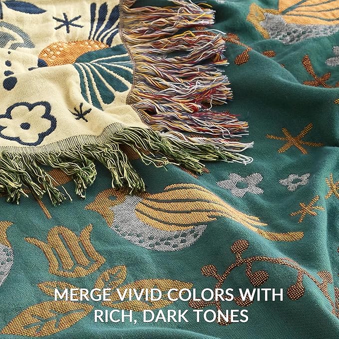 Boho Throw Blanket for Couch Sofa Bed, 100% Cotton Woven Quilt with Tassel 50”x60”, Super Soft Muslin Blanket with Bird Printed, Decorative Reversible Bed Blanket/Cover for All Seasons