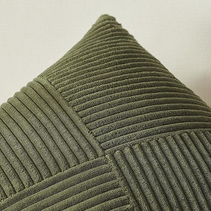 Topfinel 24x24 inches Pillow Covers Set of 2 Olive Green Corduroy Decorative Throw Pillow Covers for Sofa Couch Bed, Windmill Textured Striped Patchwork Couch Spring Pillow Case 60x60 cm