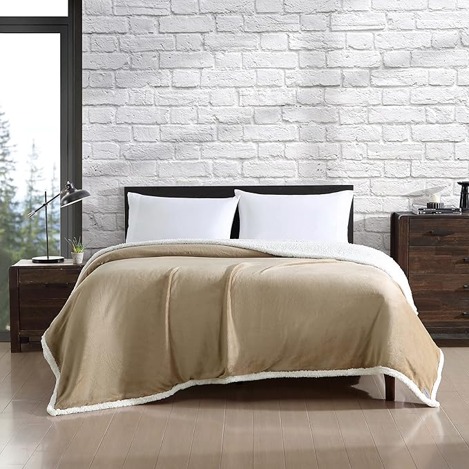 Eddie Bauer - King Size Blanket, Ultra-Soft Plush Bed Blanket with Faux Shearling Reverse, Throw Blanket for Couch & Bed (Solid Tan)