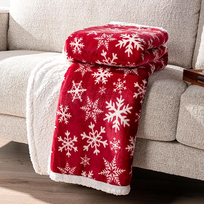 PAVILIA Red Snowflake Christmas Sherpa Throw Blanket, Ultra Soft Reversible Fleece Sherpa 50x60 Winter Blanket for Couch & Bed, Cozy Christmas Home Decor
