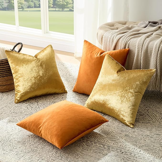 GIGIZAZA Pillow Covers 20x20 Set of 4,Gold Orange Velvet Soft Pillow Covers Decorative Square Modern Pillows Cushion Cases for Living Room